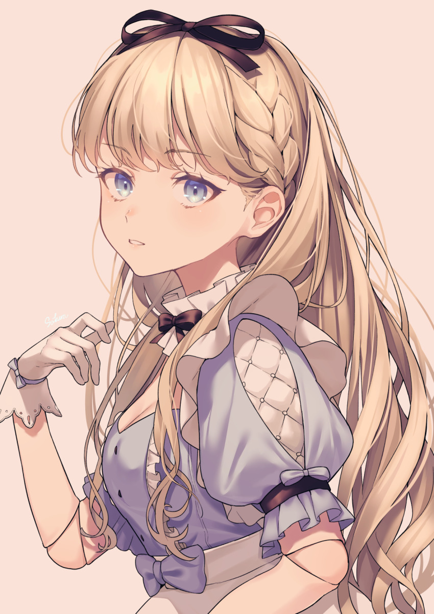 1girl apron black_ribbon blonde_hair blue_dress blue_eyes breasts cleavage commentary doll_joints dress frilled_sleeves frills gloves hair_ribbon hand_up highres joints long_hair looking_at_viewer lq_saku original parted_lips ribbon short_sleeves simple_background solo upper_body waist_apron white_apron white_background white_gloves