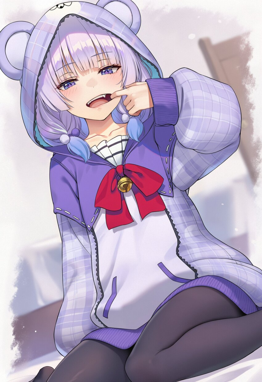 1girl absurdres bedroom bow bowtie fangs gradient_hair grey_hair highres looking_down multicolored_hair open_mouth pajamas pantyhose sakayanagi_arisu sitting solo_focus voidbunny wariza