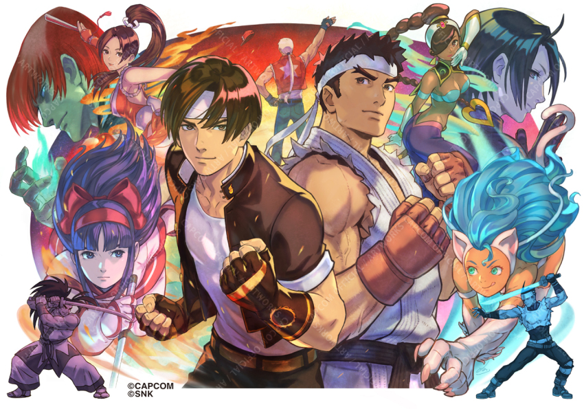 5girls 6+boys ainu_clothes arabian_clothes arm_up ass baseball_cap bent_over black_hair blonde_hair blue_hair braid braided_ponytail breasts brown_eyes brown_hair capcom capcom_vs_snk cleavage darkstalkers fatal_fury feet felicia_(darkstalkers) fighting_stance fingerless_gloves fire gloves green_eyes hair_ribbon hand_on_own_hip haoumaru hat headband jacket japanese_clothes kazama_akira kusanagi_kyou large_breasts legs long_hair looking_at_viewer multiple_boys multiple_girls muscular muscular_male nakoruru official_art open_clothes open_jacket pants ponytail power_stone purple_eyes purple_hair red_hair ribbon rouge_(power_stone) ryu_(street_fighter) samurai_spirits shiranui_mai short_hair sideboob smile snk star_gladiator strapless street_fighter sword terry_bogard the_king_of_fighters thighs tongue tongue_out tube_top weapon yagami_iori