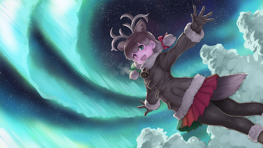 1girl animal_ears antlers aurora bell boots brown_boots brown_coat brown_gloves brown_hair brown_pantyhose coat deer_ears deer_tail extra_ears from_below fur_collar fur_trim gloves gradient_clothes gradient_skirt green_eyes green_skirt hair_between_eyes heterochromia highres horns kemono_friends kosai_takayuki long_hair long_sleeves multicolored_hair neck_bell night night_sky outstretched_arms pantyhose pleated_skirt red_eyes red_skirt reindeer_(kemono_friends) reindeer_antlers reindeer_girl sidelocks skirt sky snow solo tail twintails white_fur white_hair winter winter_clothes winter_coat
