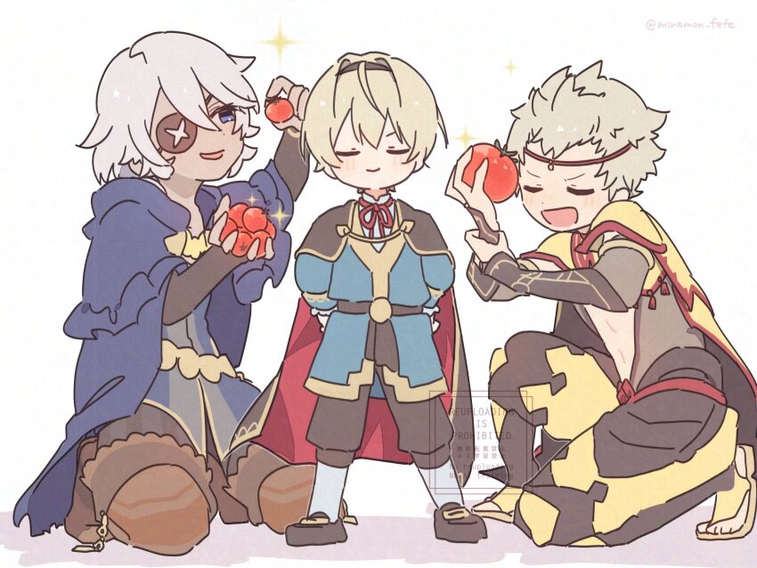 3boys aged_down black_cape blue_hood cape capelet eyepatch fire_emblem fire_emblem_fates fire_emblem_heroes highres hood hooded_capelet leo_(fire_emblem_fates) leo_(young_sprout)_(fire_emblem_fates) multicolored_cape multiple_boys niles_(fire_emblem) nintendo odin_(fire_emblem) official_alternate_costume open_mouth red_cape sorane_amus