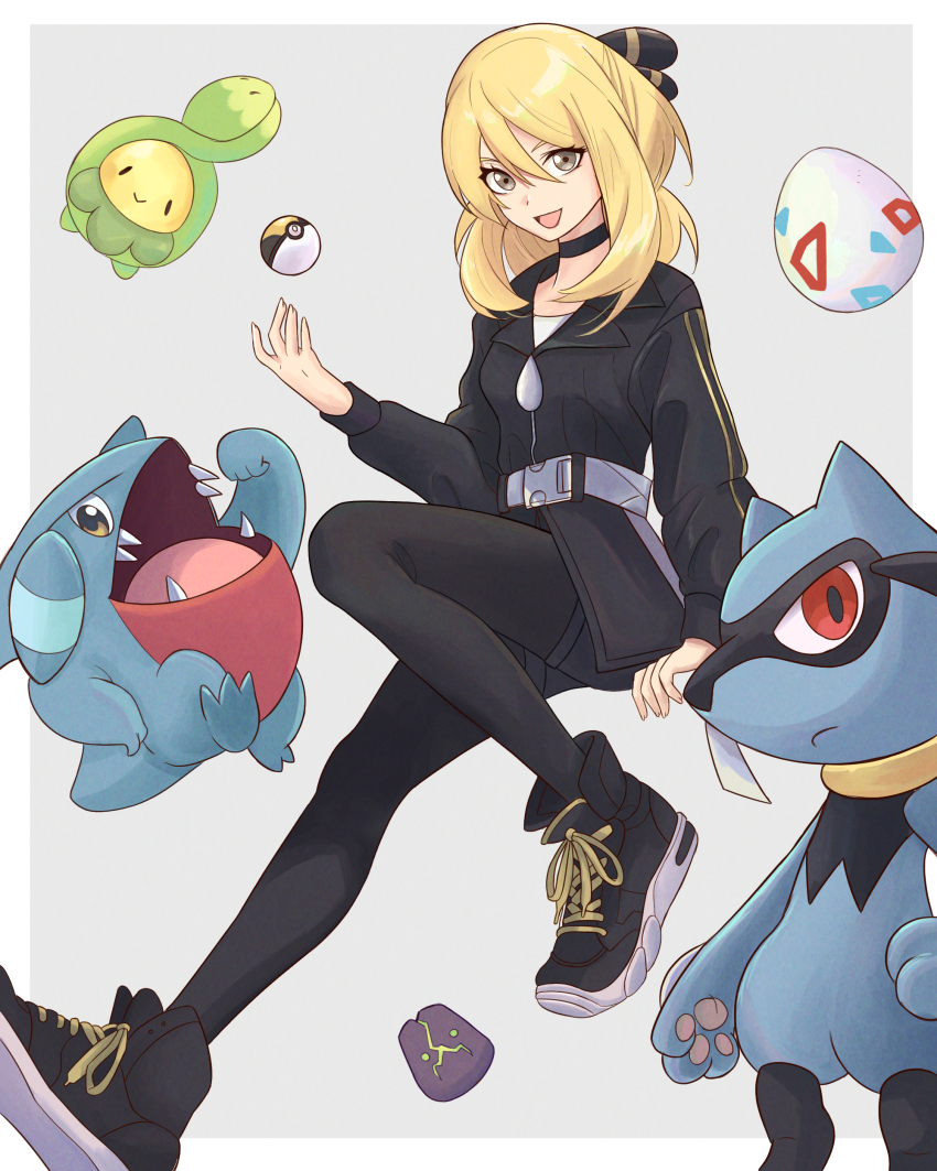 1girl :d absurdres aged_down belt black_choker black_jacket black_pantyhose blonde_hair border budew choker cynthia_(pokemon) egg full_body gen_4_pokemon gible grey_eyes hair_ornament highres jacket leggings long_hair looking_at_viewer nintendo open_mouth pantyhose pantyhose_under_shorts pokemon pokemon_(creature) pokemon_dppt pokemon_egg riolu shoelaces shoes shorts smile sneakers spiritomb truejekart white_border