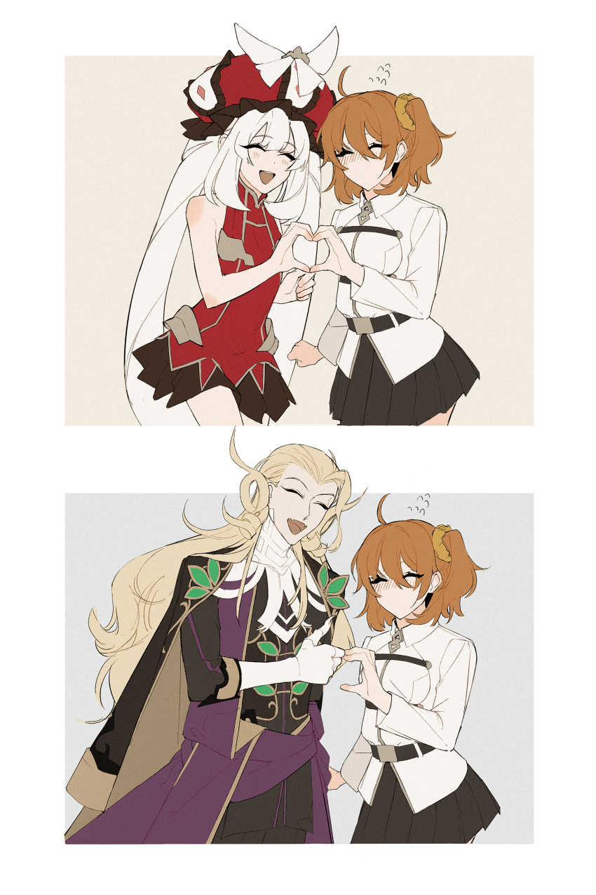 1boy 2girls :d ^_^ absurdres ahoge asymmetrical_hair bare_arms black_skirt blonde_hair blush chaldea_uniform closed_eyes dress facing_viewer fate/grand_order fate_(series) flying_sweatdrops fujimaru_ritsuka_(female) gloves hair_between_eyes hair_ornament hair_scrunchie hair_slicked_back hat heart heart_hands heart_hands_duo heart_hands_failure highres long_hair long_sleeves marie_antoinette_(fate) multiple_girls no_mouth one_side_up open_mouth orange_hair orange_scrunchie pleated_skirt purple_robe red_dress red_hat robe scrunchie short_hair side_ponytail simple_background skirt sleeveless sleeveless_dress smile thumbs_up twintails white_gloves white_hair wolfgang_amadeus_mozart_(fate) yukkuri_(fumoyun)