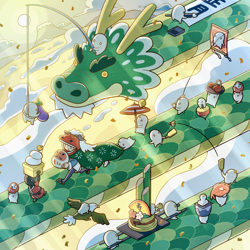 absurdres animal_costume bird calligraphy_brush chinese_zodiac cloud daruma_doll dragon dragon_costume eagle eastern_dragon eggplant food hagoita hane_(hanetsuki) hanetsuki highres holding holding_calligraphy_brush holding_food holding_paintbrush holding_umbrella inkstone japanese_clothes kadomatsu kagami_mochi kite_flying lion_dance new_year original paddle paintbrush sanbou sandals shishimai tti_design umbrella yakimochi year_of_the_dragon