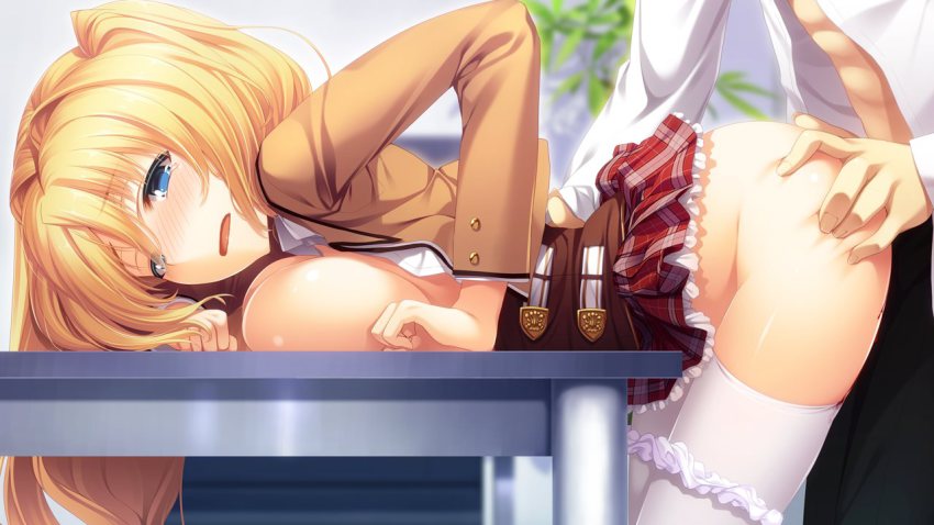 1boy 1girl ass ass_grab blonde_hair blue_eyes blush char clothed_sex cosmic_cute_(company) game_cg gleam_garden_no_shoujo hetero indoors koizuka_wakaba long_hair no_bra school_uniform sex thighhighs vaginal