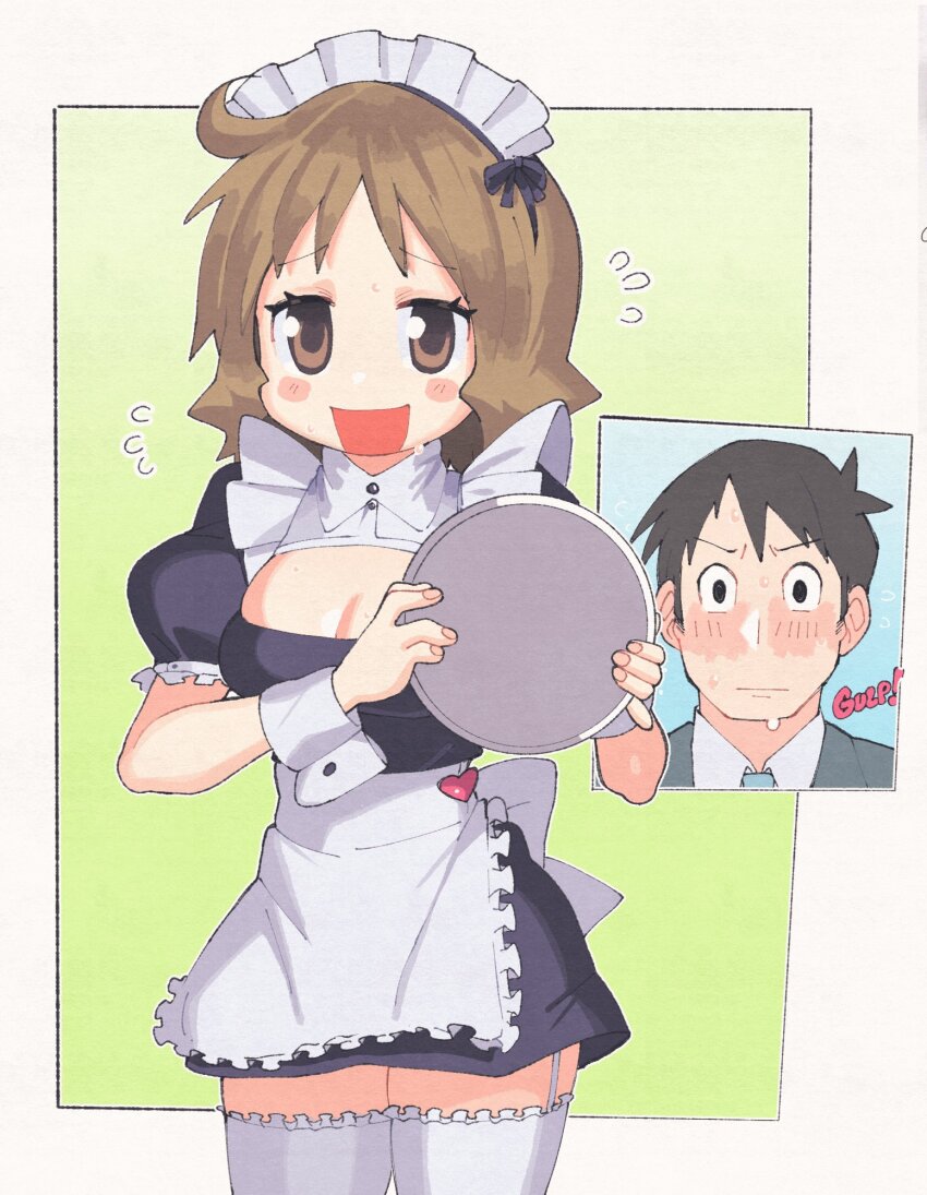 1boy 1girl apron black_dress black_ribbon blush breasts brown_eyes brown_hair cleavage_cutout clothing_cutout dress flying_sweatdrops green_background heart highres holding holding_plate inkerton-kun maid maid_headdress nichijou outside_border plate puffy_short_sleeves puffy_sleeves ribbon sakurai_izumi short_hair short_sleeves takasaki_manabu thighhighs thighs two-tone_background waist_apron white_apron white_background white_thighhighs white_wrist_cuffs wrist_cuffs