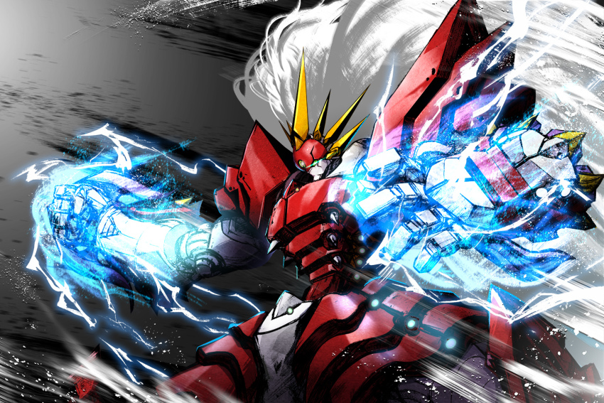 clenched_hand dtcy energy glowing glowing_eye glowing_hands grey_background ialdabaoth mecha mecha_focus no_humans robot super_robot_wars super_robot_wars_compact_3