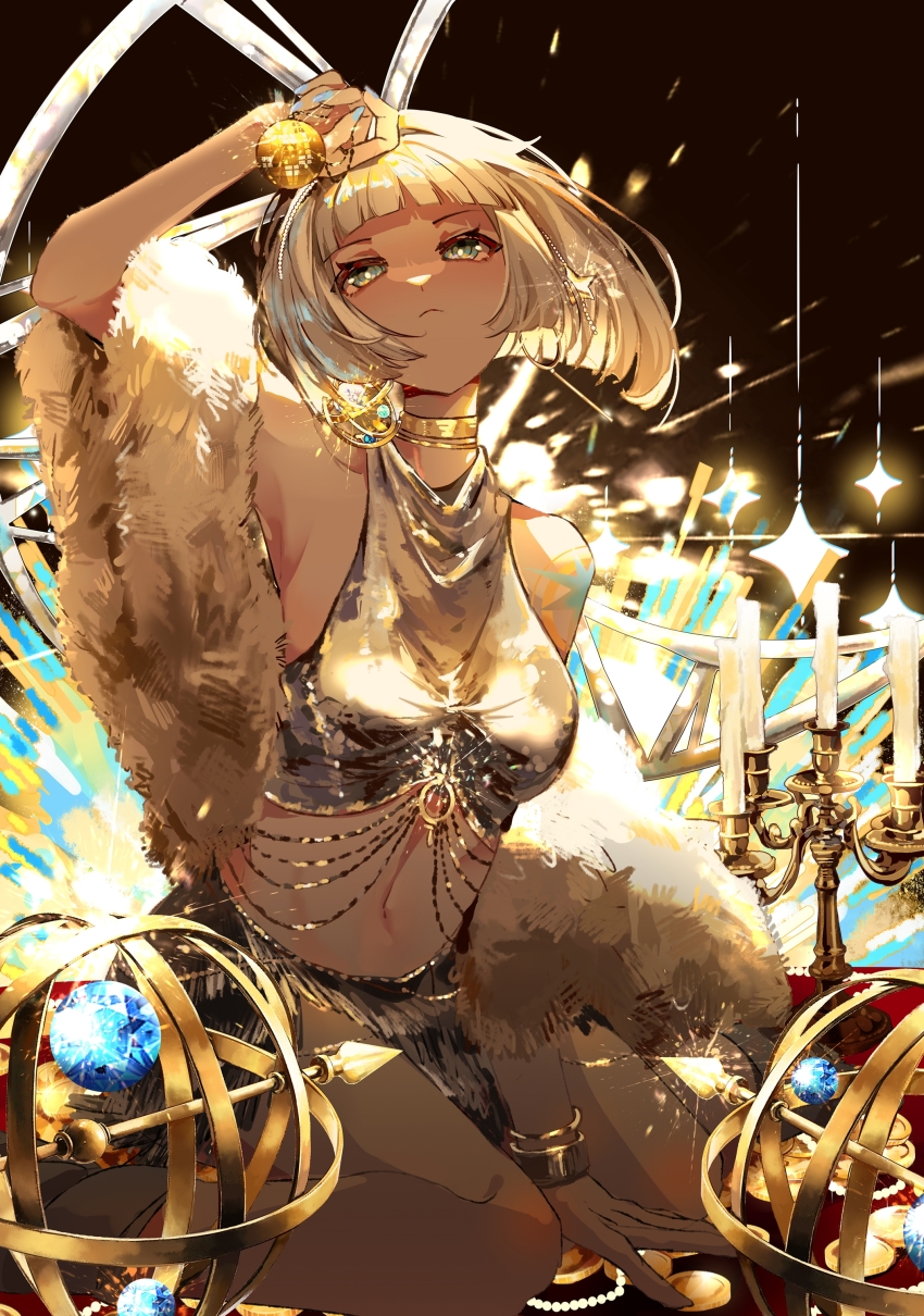 1girl :&lt; absurdres aqua_eyes arm_up backlighting bare_shoulders black_skirt blunt_bangs blunt_ends bob_cut bracelet breasts candle candlestand celestial_globe dark_background earrings feather_boa feet_out_of_frame floating_hair gold_choker grey_hair grey_tank_top hair_ornament highres holding holding_pendulum jewelry longze_mashu looking_up medium_breasts mercuria_(reverse:1999) midriff miniskirt navel pendulum reverse:1999 short_hair shoulder_tattoo sitting skirt solo sparkle star_(symbol) star_hair_ornament tank_top tattoo wariza