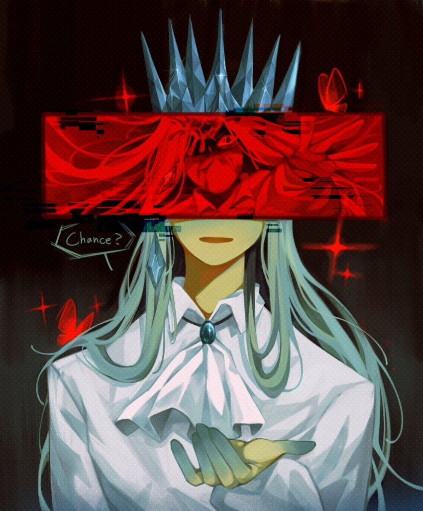 1boy ascot blonde_hair blood blue_crown blue_hair blue_skin censored censored_identity collared_shirt colored_skin commentary crown english_commentary forsaken_(roblox) gradient_hair hand_up highres ice itrapped_(roblox) long_hair long_sleeves male_focus mili_milien multicolored_hair puffy_long_sleeves puffy_sleeves roblox shirt solo sparkle very_long_hair white_ascot white_shirt yellow_skin