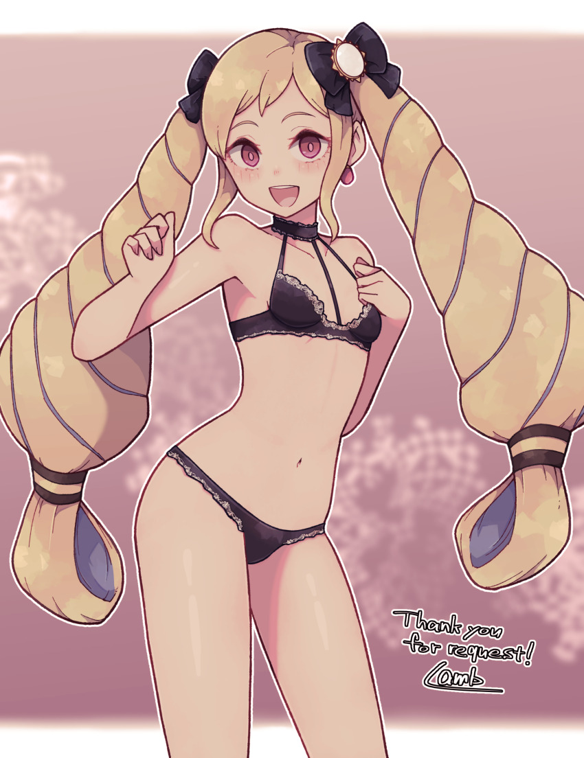 1girl :d absurdres artist_name black_bow black_bra black_choker black_panties blonde_hair bow bra breasts choker commission cowboy_shot earrings elise_(fire_emblem) english_text fire_emblem fire_emblem_fates hair_bow halterneck hand_on_own_chest highres jewelry lace lace-trimmed_bra lace-trimmed_panties lace_trim lamb-oic029 long_hair navel nintendo open_mouth panties purple_eyes purple_hair second-party_source small_breasts smile solo standing stomach teeth thank_you thighs twintails underwear underwear_only upper_teeth_only variant_set watermark