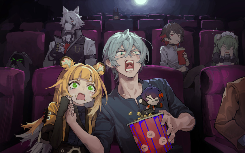 &gt;_&lt; 2boys 4girls @_@ absurdres animal_ear_fluff animal_ears bangboo_(zenless_zone_zero) belle_(zenless_zone_zero) black_dress black_hair black_ribbon character_doll closed_mouth corin_wickes covering_own_eyes crossed_bangs cup disposable_cup dress e-go ellen_joe ellen_joe_(on_campus) fang flying_sweatdrops food fox_ears fox_girl furry furry_male green_eyes green_hair grey_hair hair_between_eyes hair_ornament hair_ribbon highres holding holding_cup holding_food holding_hands hoshimi_miyabi ju_fufu long_hair maid maid_headdress mole mole_under_eye movie_theater multicolored_hair multiple_boys multiple_girls open_mouth orange_hair popcorn red_eyes red_hair ribbon scared shirt short_sleeves sitting sweat tears tiger_ears tiger_girl twintails von_lycaon white_hair white_shirt wise_(zenless_zone_zero) wolf_boy zenless_zone_zero