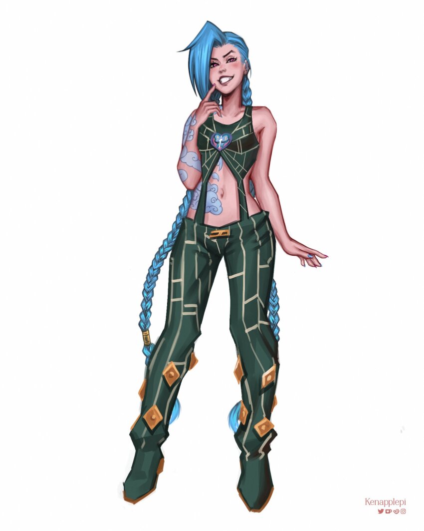 1girl arm_tattoo artist_name asymmetrical_bangs bare_shoulders black_pants braid cloud_tattoo cosplay full_body grin half-closed_eyes hand_up heart highres jinx_(league_of_legends) kenapplepi kujo_jolyne_(cosplay) kuujou_jolyne league_of_legends long_hair navel pants pink_eyes simple_background smile solo tattoo teeth twin_braids twintails very_long_hair white_background