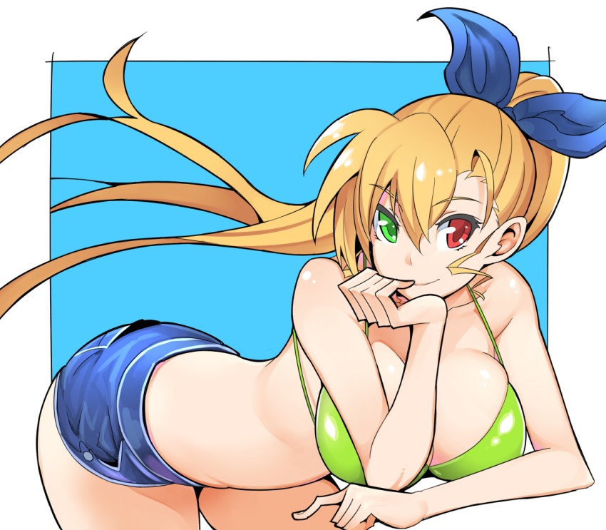 1girl aged_up bikini blonde_hair blue_background blush breasts collarbone female_focus green_bikini green_eyes hair_ornament hair_ribbon heterochromia large_breasts long_hair looking_at_viewer lyrical_nanoha mahou_shoujo_lyrical_nanoha_vivid nac000 red_eyes ribbon short_shorts shorts simple_background smile solo swimsuit vivio