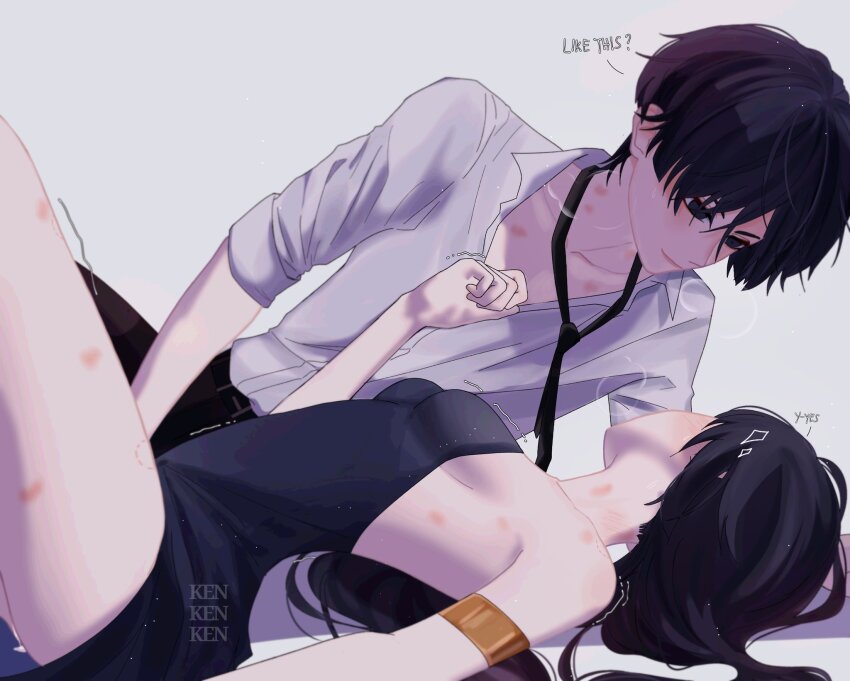 1boy 1girl alternate_costume alternate_hairstyle arched_back armlet artist_name bare_shoulders belt belt_buckle bite_mark bite_mark_on_shoulder black_belt black_dress black_eyes black_hair black_necktie black_pants blunt_ends boy_on_top breasts buckle closed_mouth collarbone collared_shirt contemporary couple dress english_text eyeliner eyeshadow facing_away formal_clothes genshin_impact gold hair_down hair_spread_out hetero hickey highres implied_fingering jewelry looking_at_another loose_necktie lying makeup medium_breasts mona_(genshin_impact) moriko_ken11 necktie on_back on_side pants partially_unbuttoned pussy_juice red_eyeliner red_eyeshadow scaramouche_(genshin_impact) shadow shirt short_sleeves sideboob smile steaming_body strapless strapless_dress stutter trembling tsurime white_background white_shirt white_sleeves
