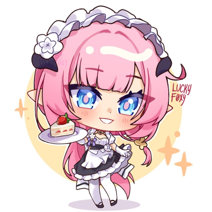 1girl apron artist_name black_dress black_shoes blue_eyes blush border butterfly_hair_ornament cake chibi chibi_only commentary dress elf elysia_(honkai_impact) elysia_(miss_pink)_(honkai_impact) elysia_(miss_pink_elf)_(honkai_impact) english_commentary fake_horns food hair_ornament highres holding holding_plate honkai_(series) honkai_impact_3rd horns long_hair luckyf0xy maid maid_apron maid_headdress official_alternate_costume oval_background parted_lips pink_hair plate pointy_ears shoes smile solo star_(symbol) strawberry_shortcake teeth thighhighs white_border white_thighhighs yellow_background