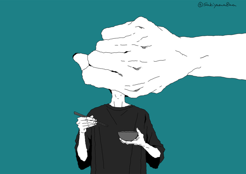 1boy black_shirt bowl chopsticks commentary_request covered_face giant_hand green_background hands_up holding holding_bowl holding_chopsticks male_focus monochrome original sakiyama8ma shirt solo_focus twitter_username upper_body