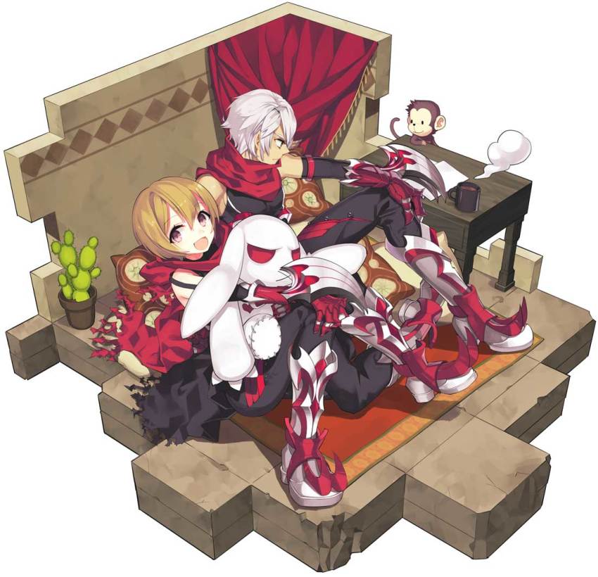 2boys x_mouth arai_12 arm_blade armored_boots black_pants black_shirt boots brown_hair cactus carpet closed_mouth coffee coffee_mug commentary_request cup curtains full_body green_eyes guillotine_cross_(ragnarok_online) hair_between_eyes hand_on_own_knee hugging_doll hugging_object isometric looking_at_another looking_at_viewer male_focus monkey mug multiple_boys open_mouth pants paper pillow plant pot potted_plant purple_eyes rabbit ragnarok_online red_eyes red_scarf scarf shirt shoe_blade short_hair simple_background sitting sleeveless sleeveless_shirt stuffed_animal stuffed_toy table torn_clothes torn_scarf weapon white_background white_hair yoyo_(ragnarok_online)