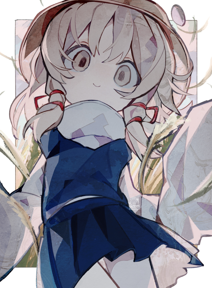 1girl absurdres blonde_hair blue_skirt blue_vest brown_hat closed_mouth cowboy_shot frog_hat hat highres long_hair looking_at_viewer moriya_suwako shirt sidelocks skirt sleeves_past_fingers sleeves_past_wrists smile solo soresaki touhou vest white_shirt wide_sleeves yellow_eyes
