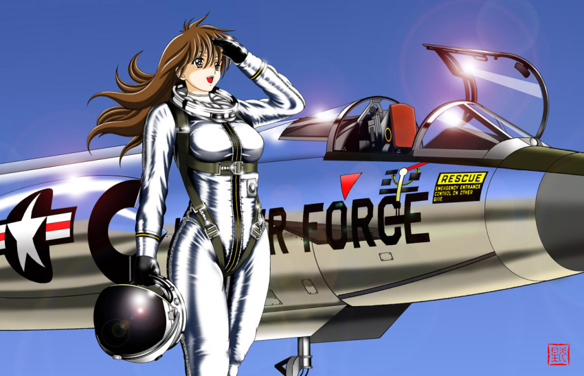1girl aircraft airplane brown_hair budspedy chuck_yeager f-104 female_focus geitassha genderswap genderswap_(mtf) gloves gradient_background helmet jet lens_flare lockheed_f104_starfighter long_hair md5_mismatch military original pilot_suit salute signature solo spacesuit the_right_stuff united_states unworn_headwear unworn_helmet vehicle_focus