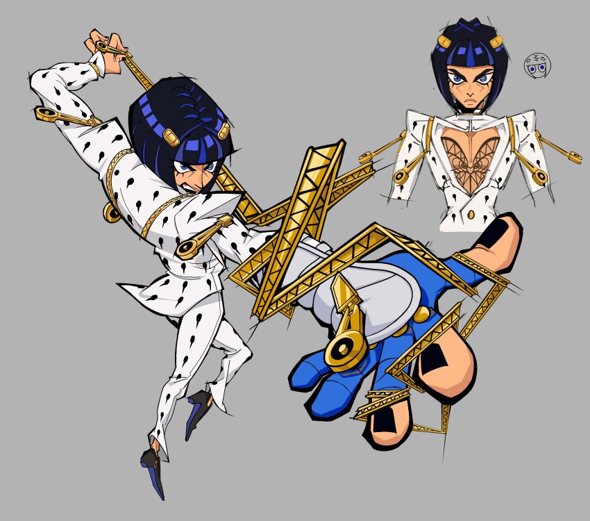 1boy absurdres black_hair black_nails black_shoes blue_eyes blue_skin blunt_bangs bob_cut bruno_bucciarati cleavage_cutout clothing_cutout colored_skin commentary english_commentary foreshortening grey_background hair_ornament hairclip highres jacket jojo_no_kimyou_na_bouken long_sleeves male_focus multiple_views pants pectoral_cleavage pectorals shikinamisooryu shoes short_hair split_theme stand_(jojo) sticky_fingers_(stand) vento_aureo white_jacket white_pants zipper zipper_pull_tab
