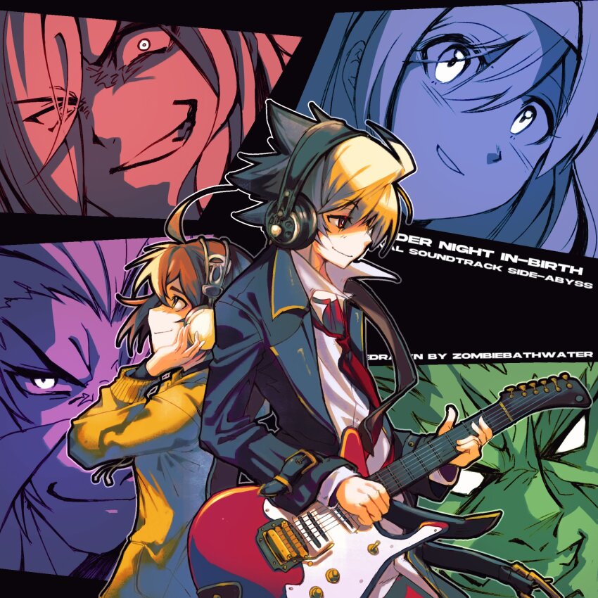 2girls 4boys ahoge back-to-back black_jacket blonde_hair brown_hair cowboy_shot derivative_work electric_guitar gordeau_(under_night_in-birth) guitar headphones highres hood hoodie instrument jacket multiple_boys multiple_girls music necktie orie_ballardiae_harada playing_guitar playing_instrument red_necktie shirt short_hair sora_(zombiebathwater) under_night_in-birth waldstein_(under_night_in-birth) white_shirt yellow_hoodie