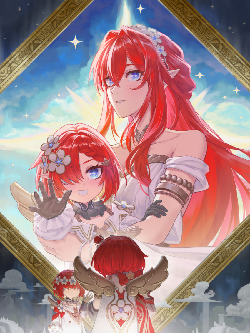 4girls ancient_greek_clothes angel_wings black_gloves blue_eyes commentary_request cross-shaped_pupils dress elf flower gloves greco-roman_clothes hair_flower hair_ornament hair_over_one_eye head_wreath highres honkai:_star_rail honkai_(series) karlhe long_hair multiple_girls pointy_ears red_hair short_hair smile symbol-shaped_pupils trianne_(honkai:_star_rail) tribbie_(honkai:_star_rail) tribios_(honkai:_star_rail) trinnon_(honkai:_star_rail) triplets very_long_hair white_dress wings