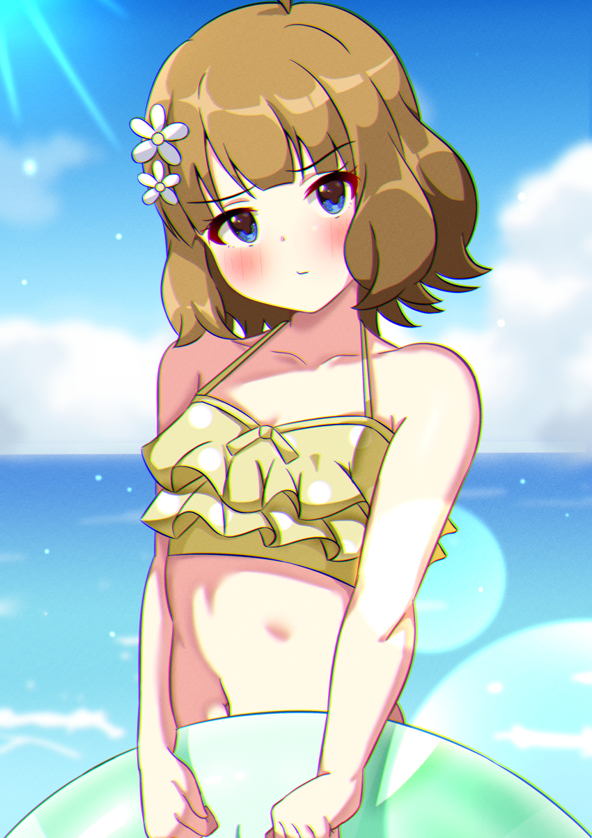 1girl absurdres ahoge armpits bare_arms bare_shoulders bikini blue_eyes blue_sky blunt_bangs blush breasts brown_hair cleavage closed_mouth cloud cloudy_sky collarbone dot_nose flower frilled_bikini frills green_innertube hair_flower hair_ornament highres holding holding_swim_ring horizon idolmaster idolmaster_million_live! idolmaster_million_live!_theater_days innertube itou_souta looking_at_viewer navel ocean outdoors short_hair shy sidelocks sky small_breasts solo sunlight suou_momoko swim_ring swimsuit upper_body waves wavy_hair yellow_bikini