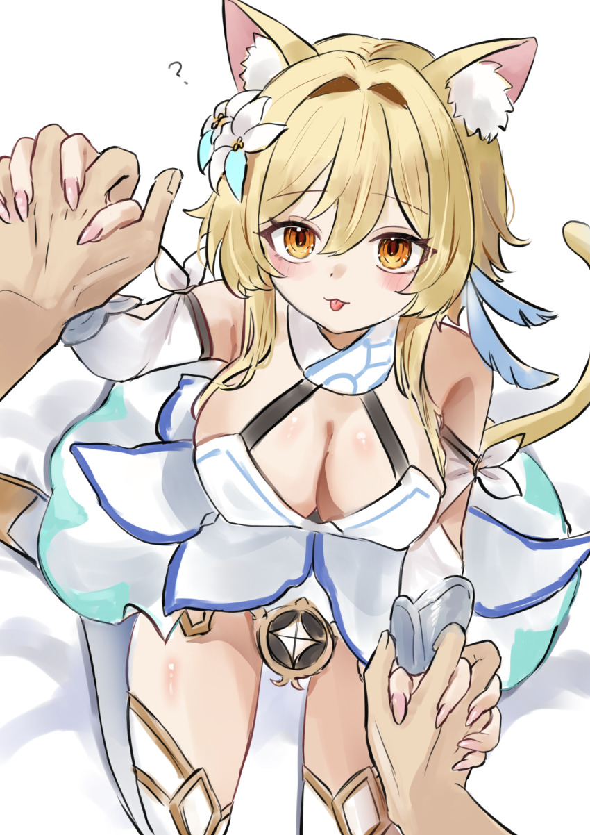 1boy 1girl :3 ? animal_ear_fluff animal_ears arm_cutout arm_ribbon bare_shoulders blonde_hair blue_feathers blush boots bracer breasts cat_ears cat_girl cat_tail cleavage collared_cape detached_sleeves double-parted_bangs dress feather_hair_ornament feathers flower genshin_impact hair_flower hair_ornament halter_dress halterneck hetero high-low_dress high-low_skirt highres holding_hands ikurumidwd interlocked_fingers kemonomimi_mode kneeling large_breasts looking_at_viewer lumine_(genshin_impact) orange_eyes pov pov_hands ribbon short_hair_with_long_locks solo_focus tail thigh_boots tongue tongue_out white_dress white_flower white_sleeves