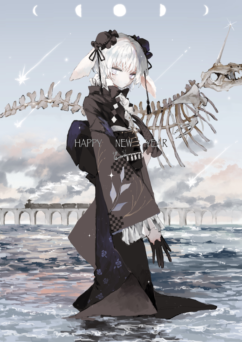 1girl absurdres animal_ears black_bow black_bowtie black_gloves black_kimono bow bowtie bridge bun_cover cloud crescent_moon ema_(613mitzvot) full_body full_moon gloves half_moon happy_new_year highres japanese_clothes kimono long_sleeves looking_at_viewer medium_hair moon new_year ocean original outdoors purple_eyes rabbit_ears rabbit_girl shooting_star skeleton sky solo standing tassel train wading water white_hair