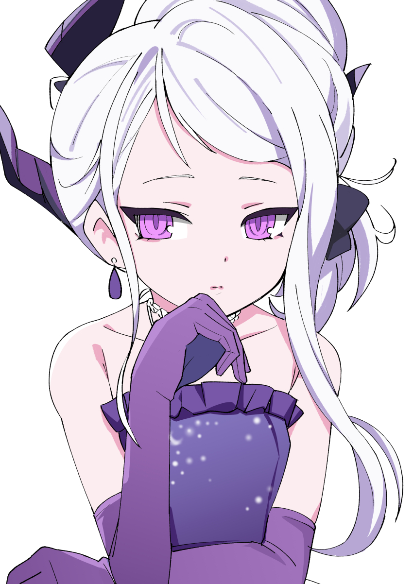 1girl absurdres blue_archive blush breasts closed_mouth collarbone demon_girl demon_horns dress earrings gloves highres hina_(blue_archive) hina_(dress)_(blue_archive) horns inoue_kousei jewelry looking_at_viewer multiple_horns necklace off_shoulder official_alternate_costume official_alternate_hairstyle purple_dress purple_eyes purple_gloves simple_background small_breasts solo white_background white_hair