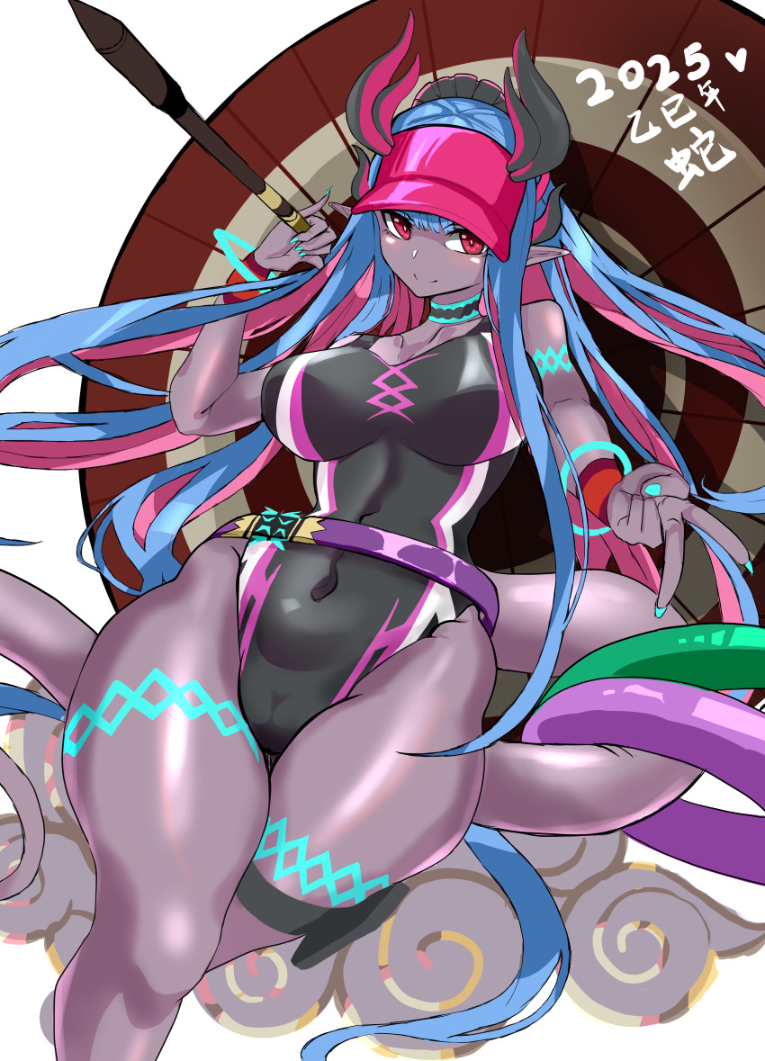 1girl absurdres akira1408 bare_shoulders black_one-piece_swimsuit blue_hair blush body_markings bracelet breasts cleavage collarbone colored_skin covered_navel earrings fate/grand_order fate_(series) grey_skin hat highleg highleg_one-piece_swimsuit highres horns ibuki_douji_(fate) ibuki_douji_(swimsuit_berserker)_(fate) ibuki_douji_(swimsuit_berserker)_(first_ascension)_(fate) innertube jewelry large_breasts long_hair looking_at_viewer multicolored_hair oil-paper_umbrella one-piece_swimsuit oni pink_hair pink_hat pink_one-piece_swimsuit pointy_ears ponytail red_eyes sidelocks smile solo swim_ring swimsuit tail thick_thighs thigh_strap thighs two-tone_swimsuit umbrella visor_cap wide_hips wristband