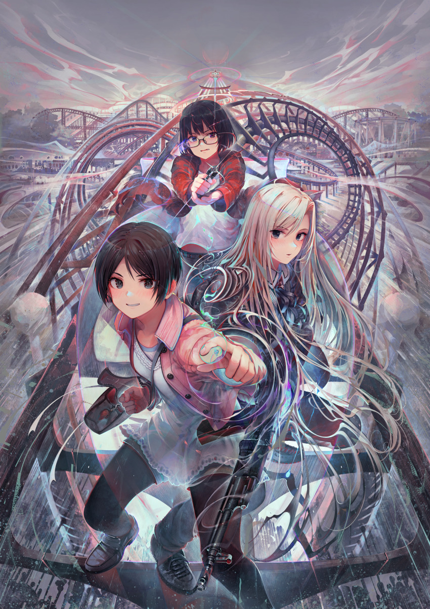 3girls blonde_hair brown_hair cover cover_image cover_page glasses gun heterochromia highres holding holding_gun holding_weapon hood hoodie kamikoshi_sorawo long_hair multiple_girls nishina_toriko novel_cover official_art red_hoodie roller_coaster seto_akari shirakaba short_hair urasekai_picnic weapon