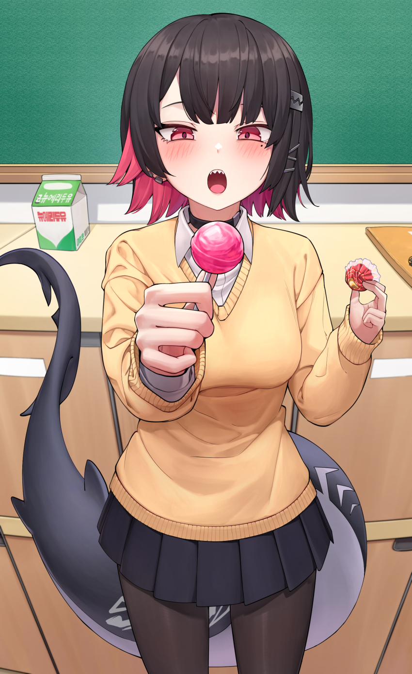 1girl absurdres alternate_costume black_pantyhose blue_skirt breasts candy collared_shirt colored_inner_hair ellen_joe fins fish_tail food hair_ornament highres holding holding_candy holding_food holding_lollipop lollipop long_sleeves looking_at_viewer medium_breasts mole mole_under_eye multicolored_hair open_mouth pantyhose pink_eyes pink_hair pleated_skirt police_riot_(artist) school_uniform shark_girl shark_tail shirt skirt solo standing sweater_vest tail two-tone_hair white_shirt yellow_sweater_vest zenless_zone_zero