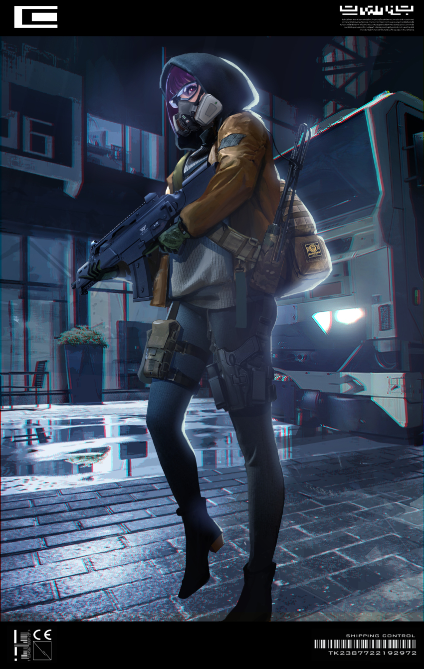 1girl absurdres assault_rifle female_focus glock gloves gun h&amp;k_g36c handgun highres holding holding_gun holding_weapon holster holstered hood jacket mask mercenary motor_vehicle original pistol puddle purple_hair red_eyes reflection rifle solo tiewan weapon