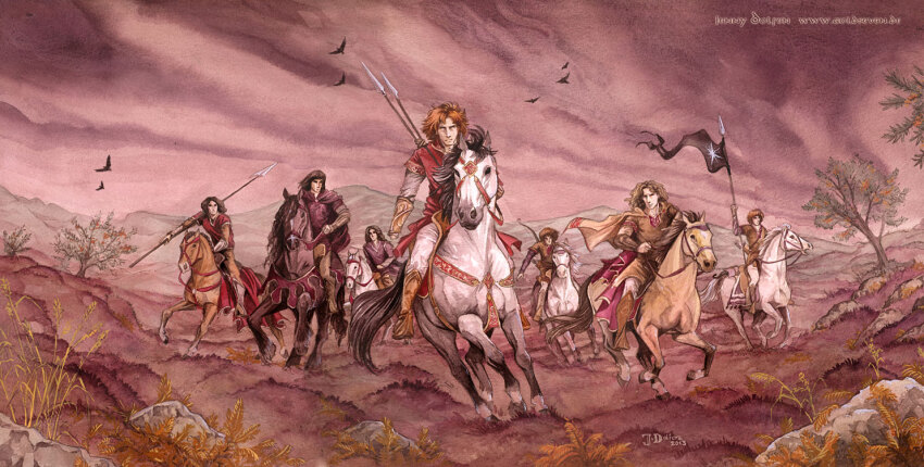 6+boys amras amrod banner bird black_hair black_horse bridle brothers brown_cape brown_hair brown_horse brown_tunic cape caranthir celegorm curufin family gouache_(medium) holding holding_banner holding_polearm holding_weapon horse horseback_riding jenny_dolfen long_hair maedhros maglor mountainous_horizon multiple_boys outdoors painting_(medium) plant polearm purple_sky purple_theme purple_tunic red_cape red_hair red_tunic reins riding riding_animal saddle short_hair siblings signature sky spear the_silmarillion tolkien&#039;s_legendarium traditional_media tree tunic watercolor_(medium) weapon white_horse