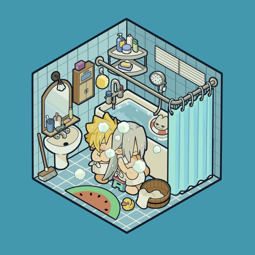 2boys :3 bar_soap barefoot bathtub blonde_hair blush_stickers broom chibi chibi_only closed_eyes cloud_strife commentary cup curtains english_commentary final_fantasy final_fantasy_vii frogccc333 full_body grey_hair highres innertube long_hair male_focus mirror multiple_boys naked_towel on_stool parted_bangs rubber_duck sephiroth shampoo_bottle short_hair shower_head sink sitting soap_bubbles spiked_hair standing swim_ring tile_floor tiles toothbrush topless_male towel towel_around_neck very_long_hair water wet wet_hair yaoi