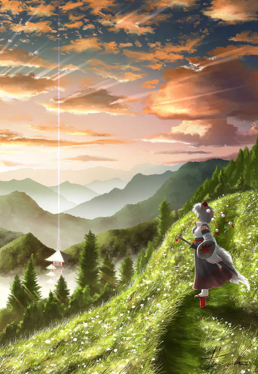 1girl absurdres animal_ears beacon black_skirt building cloud cloudy_sky dappled_sunlight detached_sleeves from_side geta grass hat highres inubashiri_momiji leaf_print light_rays maple_leaf_print mountain mountainous_horizon oubachiago outdoors pom_pom_(clothes) procreate_(medium) scenery shield shirt signature skirt sky socks solo sunlight sunset sword tail tassel tengu-geta tokin_hat touhou tree turtleneck weapon white_hair white_shirt white_socks wide_sleeves wolf_ears wolf_tail