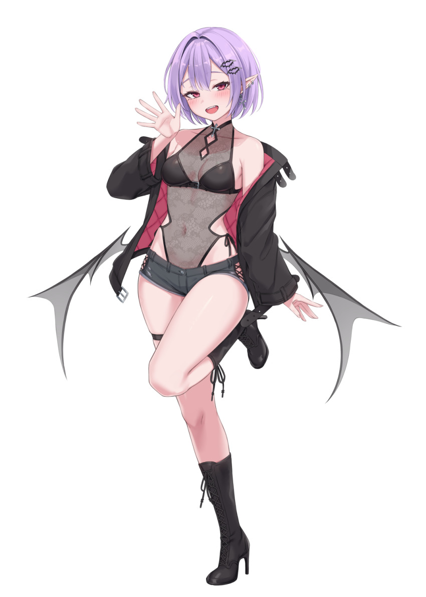 1girl bare_shoulders bat_hair_ornament black_boots black_jacket blush boots breasts commentary covered_navel cross cross_earrings ear_piercing earrings eyelashes fangs fingernails full_body hair_intakes hair_ornament heartsix high_heel_boots high_heels highres jacket jewelry long_sleeves off_shoulder open_clothes open_jacket open_mouth original piercing pink_eyes pointy_ears purple_hair riko_(heartsix) short_shorts shorts simple_background smile solo standing standing_on_one_leg tachi-e teeth thigh_strap upper_teeth_only waving white_background wings