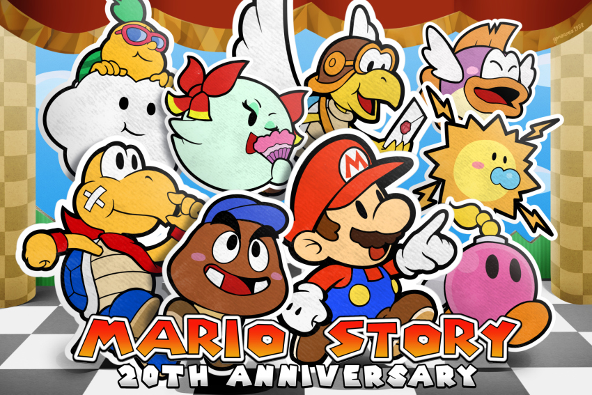 4girls 5boys :d ;d anniversary aviator_cap bandaid bandaid_on_face baseball_cap blue_headwear blue_overalls blue_shoes blush_stickers bombette bow bow_(paper_mario) brown_hair brown_headwear brown_shoes checkered_floor closed_eyes closed_mouth commentary_request copyright_name curtains envelope facial_hair floating flying from_side gloves gonzarez goombario hand_fan hat highres holding holding_envelope holding_fan kooper lakilester lightning_bolt_symbol long_sleeves male_focus mario mario_(series) multiple_boys multiple_girls mustache nintendo one_eye_closed open_mouth outline overalls pacifier paper_mario paper_mario_(character) paper_mario_64 parakarry pointing red_bow red_headwear red_scarf red_shirt scarf shirt shoes short_hair smile standing sunglasses sushie twitter_username walking watt white_gloves white_outline wings