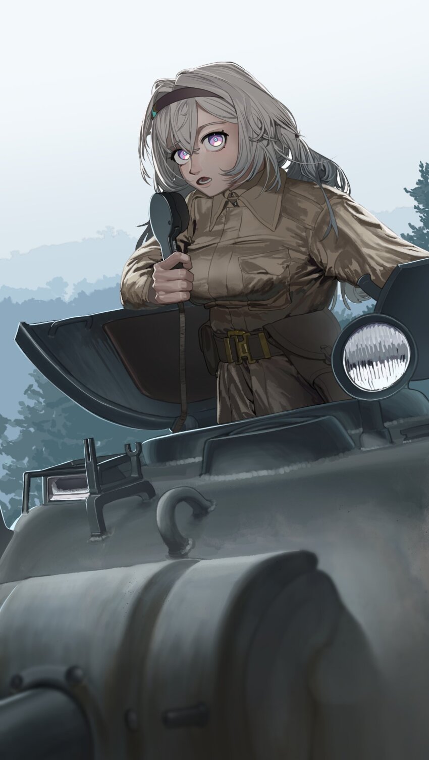 1girl black_hairband blue_pupils breasts commentary firefly_(honkai:_star_rail) forest grey_hair hair_between_eyes hairband highres holding honkai:_star_rail honkai_(series) long_hair long_sleeves looking_at_viewer m4_sherman military military_uniform military_vehicle motor_vehicle multicolored_eyes name_connection nature open_mouth outdoors pzkpfwi sherman_firefly solo tank teeth tree two-tone_eyes