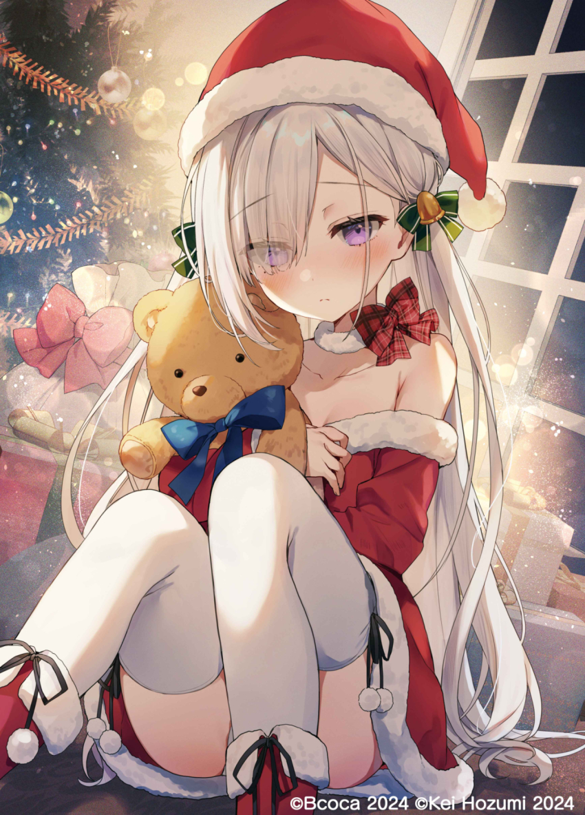 1girl artist_name averting_eyes bcoca boots box christmas christmas_tree closed_mouth convenient_leg elf_wa_yoru_wo_omachikane fur-trimmed_boots fur-trimmed_jacket fur_trim gift gift_box hair_over_one_eye hat highres holding holding_stuffed_toy indoors jacket long_hair naked_jacket official_art purple_eyes raised_inner_eyebrows santa_hat sitting solo stuffed_animal stuffed_toy teddy_bear thighhighs window yamasashi_tsukiko