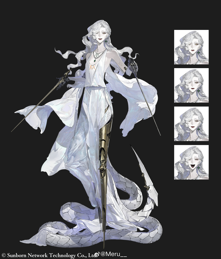 1girl absurdres bare_arms bare_shoulders black_background breasts character_request check_character chinese_commentary cocktail_dress collarbone commentary company_name cyborg dress dual_wielding earrings full_body girls&#039;_frontline highres holding holding_weapon jewelry joints long_dress long_hair mechanical_arms mechanical_legs mechanical_tail meru02295238 mole mole_under_eye multiple_expressions necklace no_feet nyto_(girls&#039;_frontline) red_lips robot_joints seams sideless_dress simple_background single_earring small_breasts solo tachi-e tail watermark weapon weibo_username weibo_watermark white_dress white_hair wrist_blades yellow_eyes