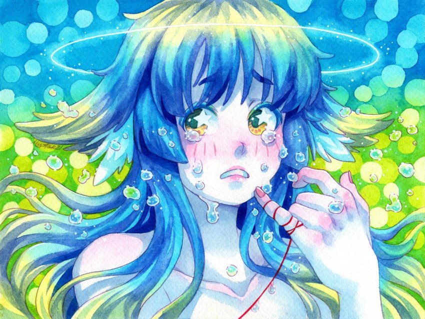 1girl bare_shoulders blue_hair blush frown halo looking_to_the_side mystar21 original painting_(medium) sad star_(symbol) string string_of_fate tears traditional_media watercolor_(medium) yellow_eyes zero_gravity