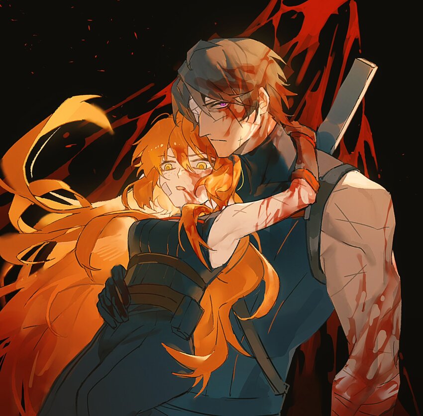 1boy 1girl arm_up black_background black_gloves black_shirt blood blood_on_clothes blood_on_face breasts cowboy_shot gloves hand_on_another&#039;s_hip heathcliff_(project_moon) highres ishmael_(project_moon) jing84672940 limbus_company looking_at_viewer medium_breasts project_moon shi_association_south_uniform shirt simple_background sleeveless sleeveless_shirt