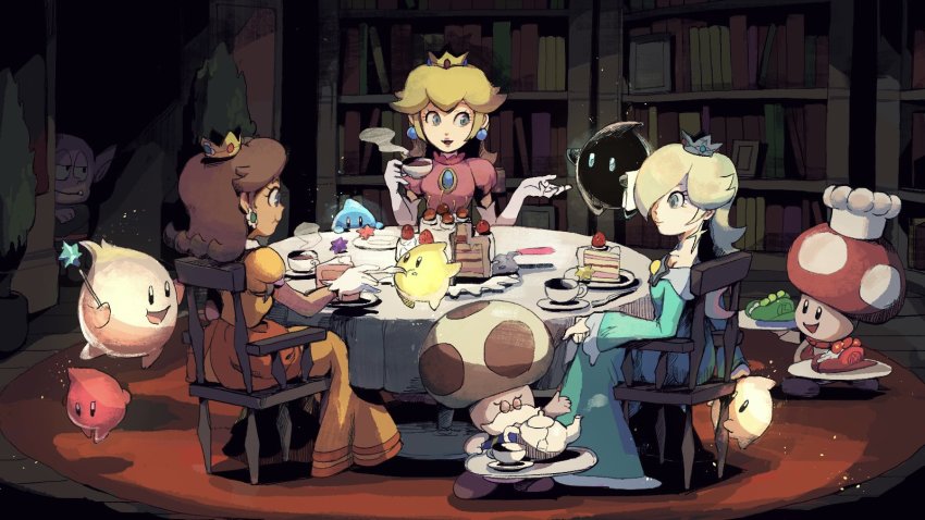3boys 3girls alien bare_shoulders blonde_hair blue_eyes bookshelf brooch brown_hair cake chair chef_hat closed_eyes crown cup dress earrings facial_hair food glasses gloves hat highres jewelry juliet_sleeves library long_hair long_sleeves luma_(mario) mario_(series) multiple_boys multiple_girls mustache nintendo pointy_ears princess_daisy princess_peach puffy_sleeves rinabe_(@rfufvas3phbxkxa) rosalina short_hair sitting smile steam super_mario_bros._1 super_mario_galaxy super_mario_land table tatanga teacup teapot toad_(mario) toadsworth tray wand wooden_chair