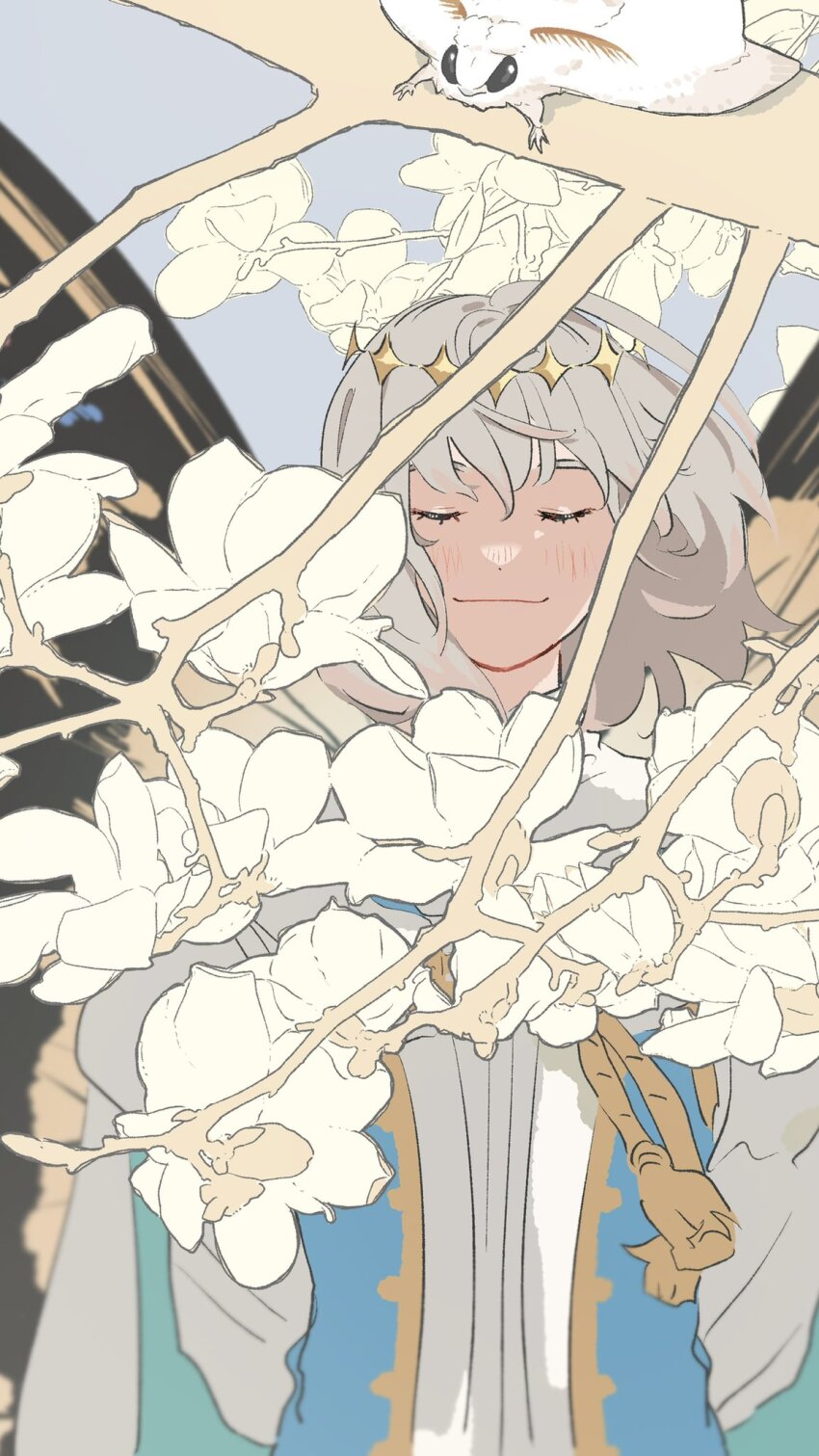 1boy amdamnet arms_behind_back arthropod_boy blanca_(fate) blue_background blue_coat blush branch bug butterfly_wings cape closed_eyes coat commentary diamond_hairband dot_nose eyelashes fate/grand_order fate_(series) floating_hair flower grey_hair hair_between_eyes highres insect insect_wings juliet_sleeves long_sleeves male_focus medium_hair moth oberon_(fate) oberon_(first_ascension)_(fate) puffy_sleeves robe simple_background smile solo tassel thick_eyebrows upper_body white_robe wings