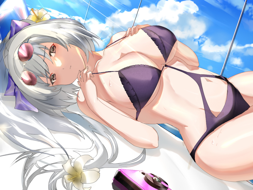 1girl azur_lane bikini blue_sky bow breasts camera cloud cloudy_sky flower hair_flower hair_ornament hair_spread_out hand_on_own_chest large_breasts long_hair lying official_alternate_costume on_back penggan pink-tinted_eyewear purple_bikini purple_bow sideways_glance sky solo swimsuit tinted_eyewear vittorio_veneto_(azur_lane) vittorio_veneto_(the_flower_of_la_spezia)_(azur_lane) white_flower