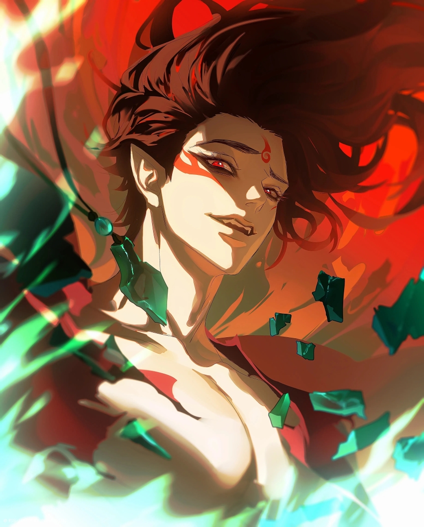 1boy absurdres artist_name bare_pectorals black_hair brown_hair collarbone facial_mark floating_hair forehead_mark highres long_hair looking_at_viewer male_focus nezha_(nezha_zhi_motong_jiangshi) nezha_zhi_motong_jiangshi open_mouth parted_lips pectorals pointy_ears red_eyes smile solo teeth upper_body zhuowang233