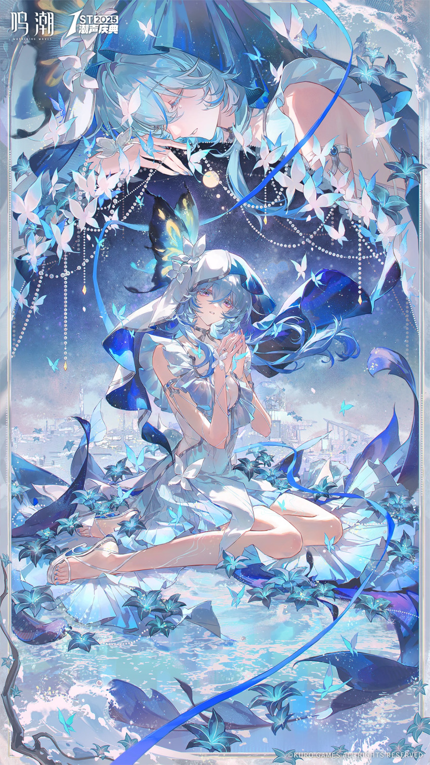 1girl absurdres armlet bare_legs blue_hair blue_nails blue_veil breasts colored_eyelashes commentary_request dress hair_between_eyes heel-less_heels high_heel_sandals highres jewelry large_breasts legs logo long_hair looking_at_viewer multiple_views nail_polish official_art parted_lips purple_eyes sandals shorekeeper_(wuthering_waves) sitting sleeveless sleeveless_dress smusmuye steepled_fingers toenail_polish toenails toes two-tone_veil veil white_dress white_veil wuthering_waves yokozuwari