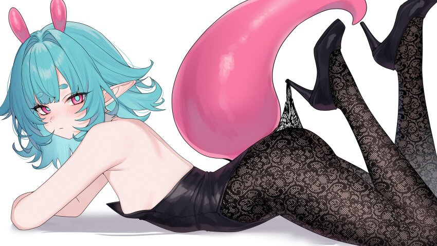 1girl absurdres antennae aqua_hair armpit_crease ass bare_arms bare_shoulders black_leotard black_shoes breasts brown_pantyhose closed_mouth clothes_pull commentary english_commentary from_side high_heels highres lace_pantyhose_hooked_on_heel_(meme) legs_up leotard looking_at_viewer looking_to_the_side lying medium_hair mugripley nontraditional_playboy_bunny on_stomach original pantyhose pantyhose_pull pink_eyes pulling_own_clothes shoes small_breasts solo strapless strapless_leotard tail tail_raised the_pose thick_eyebrows